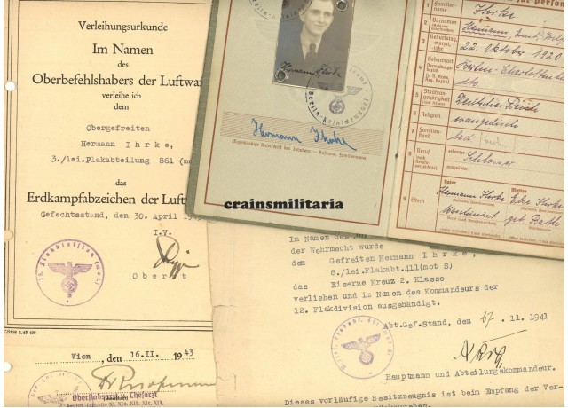 Flak Wehrpass & citations, Stalingrad, Erdkampfabzeichen Flak Wehrpass & citations, Stalingrad, Erdkampfabzeichen