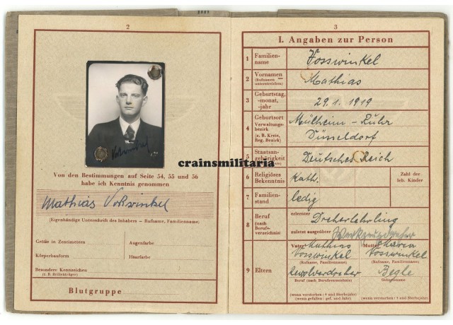 Luftwaffe Wehrpass, WIA strafing run Luftwaffe Wehrpass, WIA strafing run