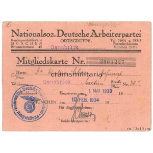 NSDAP Mitgliedskarte - Osnabrück dentist 1934