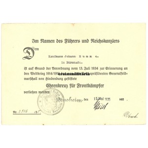 Ehrenkreuz für Frontkämpfer citation - Bürstadt