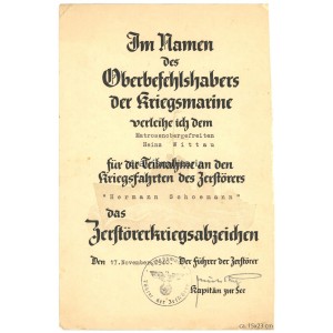 Zerstörerkriegsabzeichen citation, Z7 Hermann Schoemann