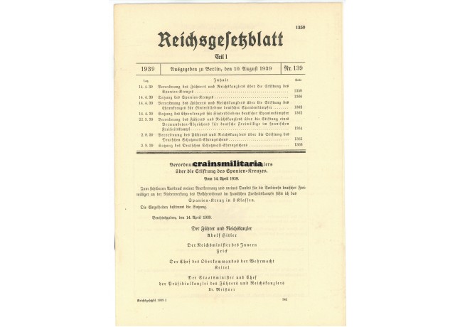 Reichsgesetzblatt on introduction of Legion Condor awards