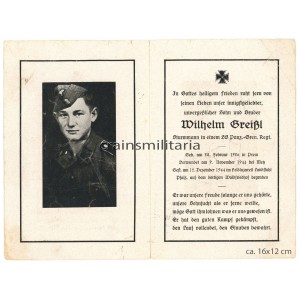 SS Panzergrenadier Death card - Metz 1944
