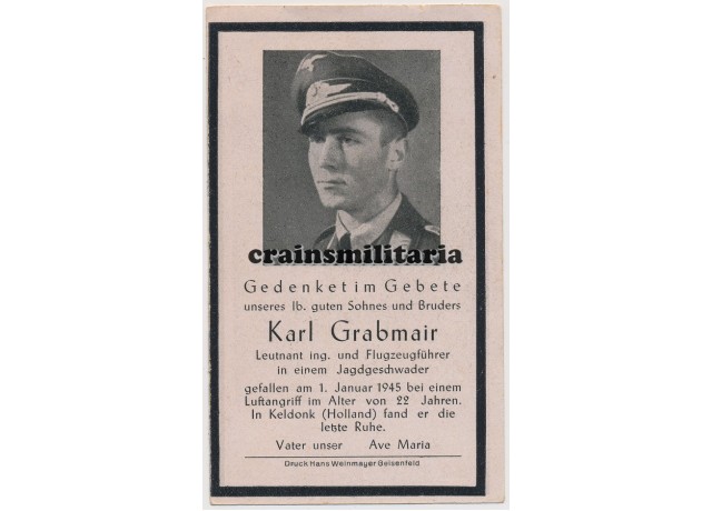 JG6 Fw190 Pilot's death card Holland 1945